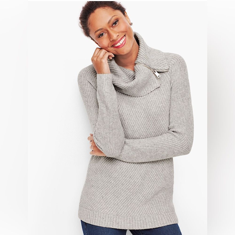 Talbots Grey Split Neck Sweater Foldover Zipper Turtleneck Size Medium